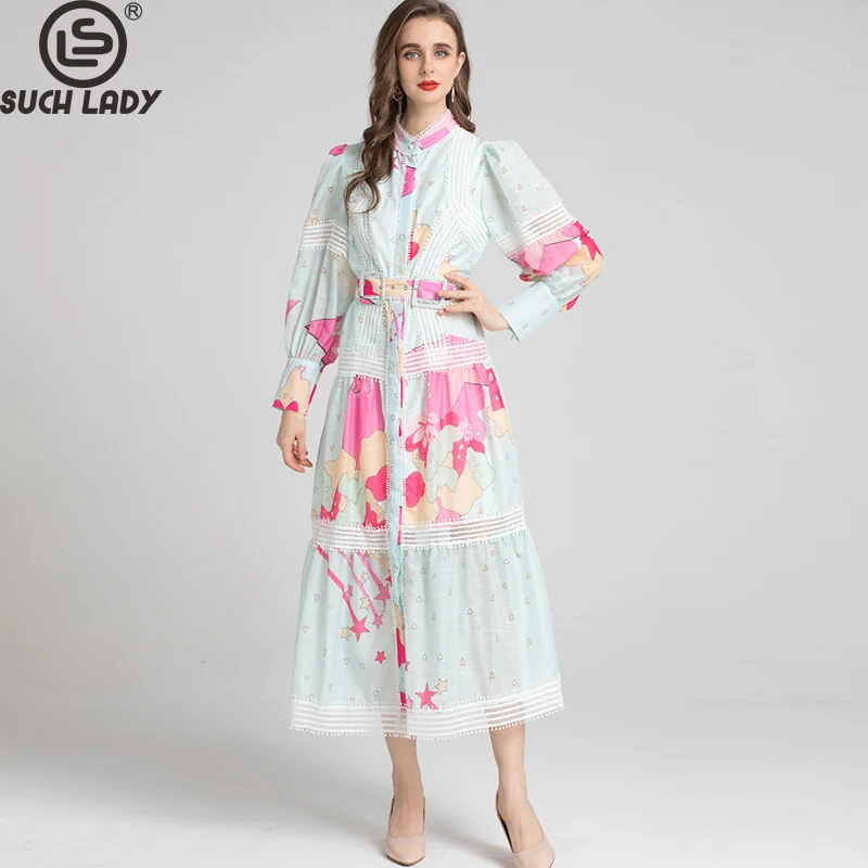 Women's Runway Dresses O Neck Long Lantern Sleeves Printed Single Breasted Elegant Spring Autumn Vestidos
Women's Runway Dresses O Neck Long Lantern Sleeves Printed Single Breasted Elegant Spring Autumn Vestidos