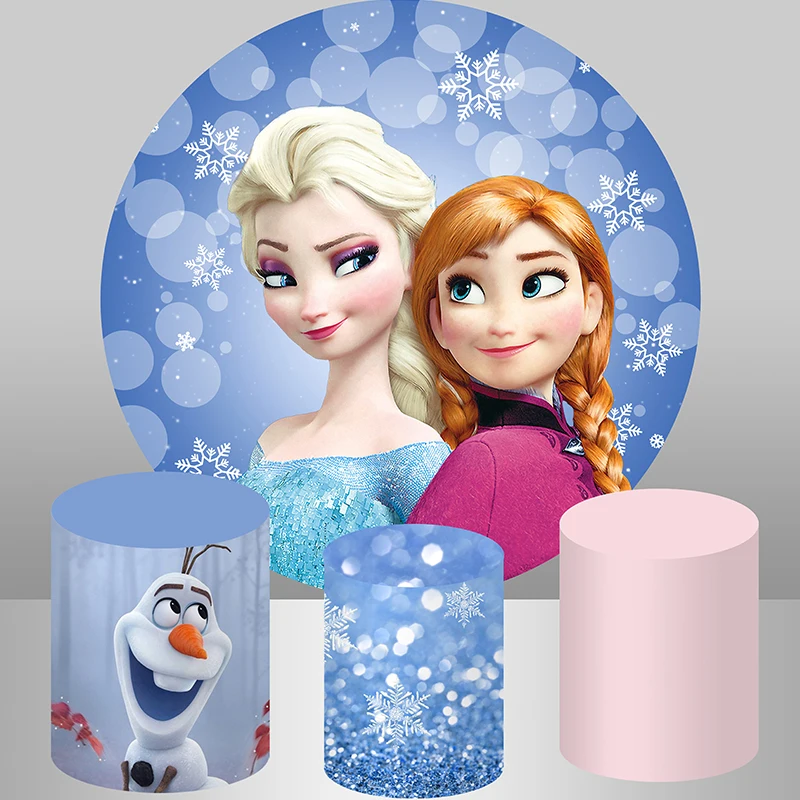 

Disney Princess Elsa Anna Round Backdrop Cover Blue Bokeh Snowflakes Frozen Theme Girls Birthday Party Circle Background Custom