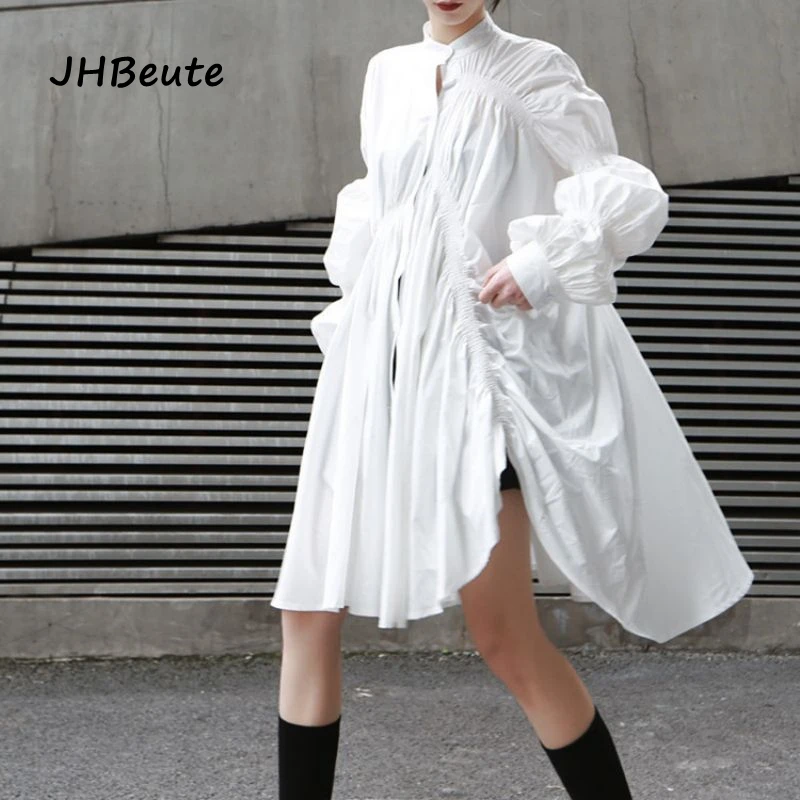 Summer Stand Collar Midi Dress Ladies Lantern Sleeve White Pleated Stitch Oversized Fashion Shirt Dress Women Irregular Blouse
Summer Stand Collar Midi Dress Ladies Lantern Sleeve White Pleated Stitch Oversized Fashion Shirt Dress Women Irregular Blouse