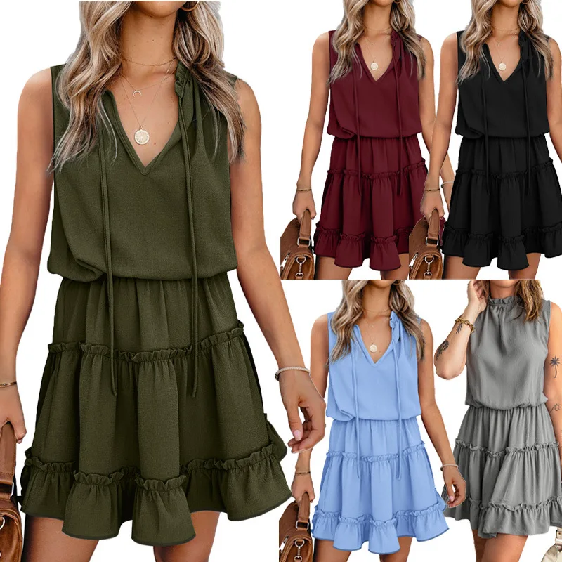 Summer Best Seller Fashion Women Sleeveless Dresses Solid V-Neck Sexy Dress Elegant Ruffled Dress Casual Mini Dress
Summer Best Seller Fashion Women Sleeveless Dresses Solid V-Neck Sexy Dress Elegant Ruffled Dress Casual Mini Dress
