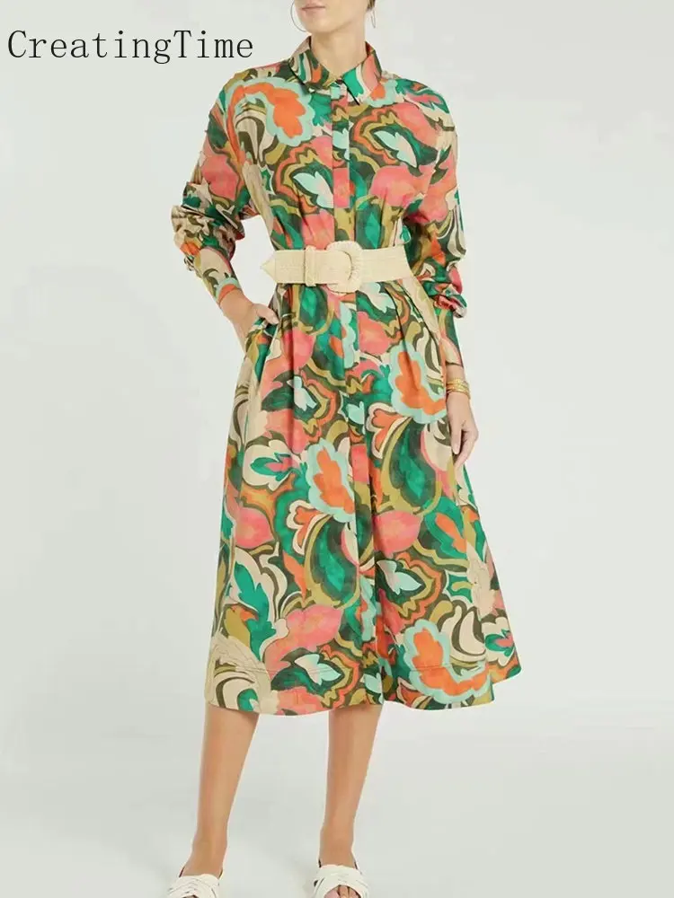 

Slim Vintage Dress Women's Lapel Long Sleeve High Waist Print Colorblock Midi Dresses Female Clothes Spring New 2023 Style 1A038