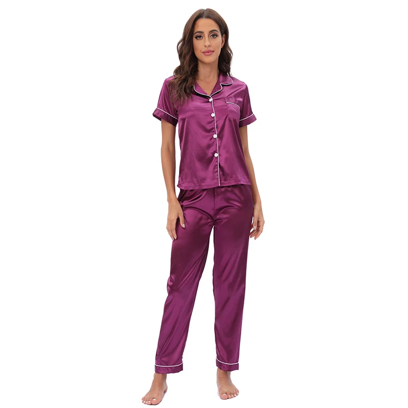 Spring and summer thin short sleeved trousers solid color silk cardigan lapel silk housewear simple casual large women's pajamas
Spring and summer thin short sleeved trousers solid color silk cardigan lapel silk housewear simple casual large women's pajamas