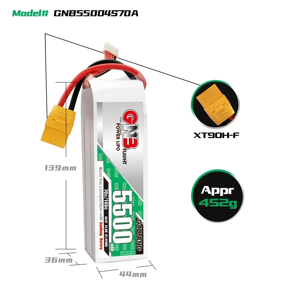 GNB 14.8V 5500mAh 4S1P 70C/140C Lipo Battery With XT90S/XT60 Connector For RC Car Boat FPV Drone Helicopter Parts
GNB 14.8V 5500mAh 4S1P 70C/140C Lipo Battery With XT90S/XT60 Connector For RC Car Boat FPV Drone Helicopter Parts