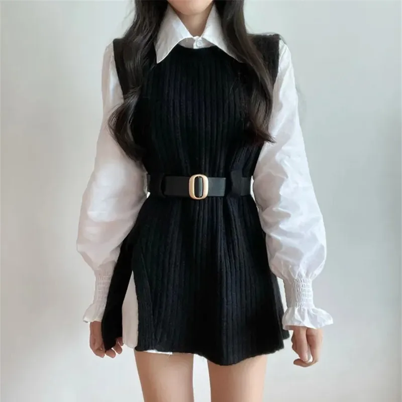 Korean Fashion Two Piece Set Women Autumn Winter Long Sleeve Shirt + Sleeveless Sweater Mini Dress Suits Vintage 2 Piece Outfit
Korean Fashion Two Piece Set Women Autumn Winter Long Sleeve Shirt + Sleeveless Sweater Mini Dress Suits Vintage 2 Piece Outfit