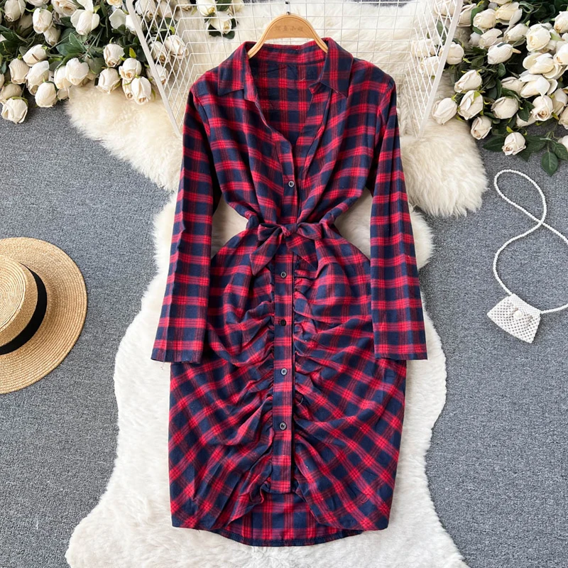 2023 New Women Vintage Plaid Print Straight Casual Slim Knee Length Shirt Dress Female Chic Pleats Ruched Folds Vetidos Belt
2023 New Women Vintage Plaid Print Straight Casual Slim Knee Length Shirt Dress Female Chic Pleats Ruched Folds Vetidos Belt
