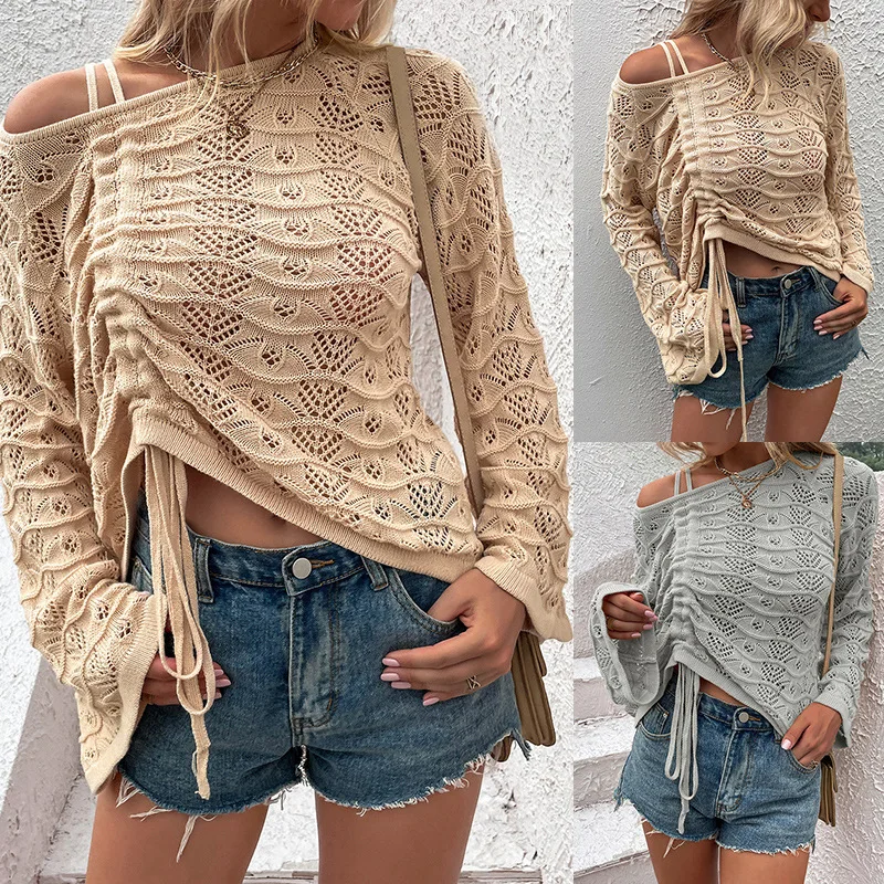 Spring and Summer New Sweater Women's Commuter Solid Color Hollow Drawstring Horn Long Sleeve Knitted Loose Top
Spring and Summer New Sweater Women's Commuter Solid Color Hollow Drawstring Horn Long Sleeve Knitted Loose Top