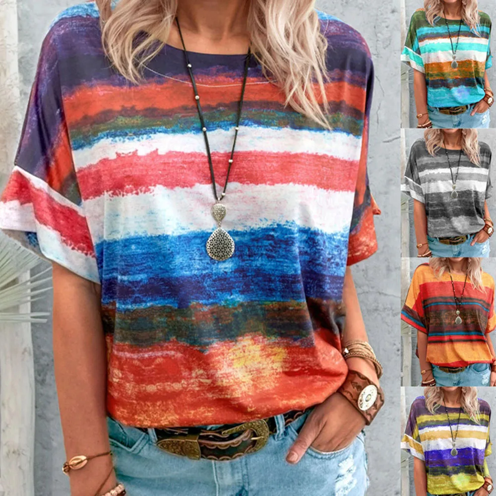 Summer Casual T-shirt Tie Dye Short Sleeve Top Loose Pullovers Elegant Vintage Stripe Print Streetwear Shirt Tee Women
Summer Casual T-shirt Tie Dye Short Sleeve Top Loose Pullovers Elegant Vintage Stripe Print Streetwear Shirt Tee Women