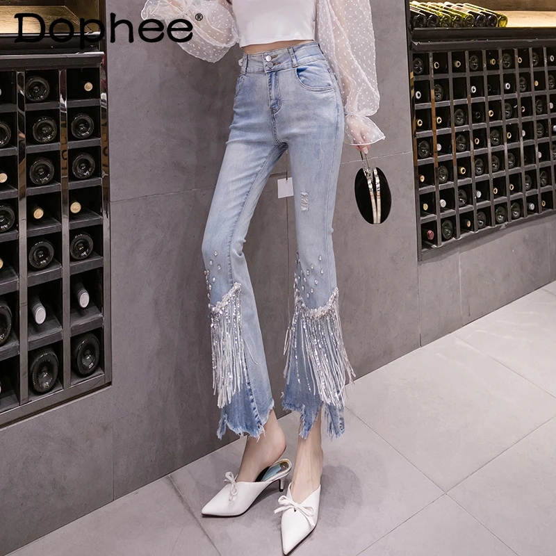 Chic Tassel Diamond Cropped Jeans High Waist Slimming Irregular Flare Denim Pants Female 2022 Spring New Fashion Women Trousers
Chic Tassel Diamond Cropped Jeans High Waist Slimming Irregular Flare Denim Pants Female 2022 Spring New Fashion Women Trousers