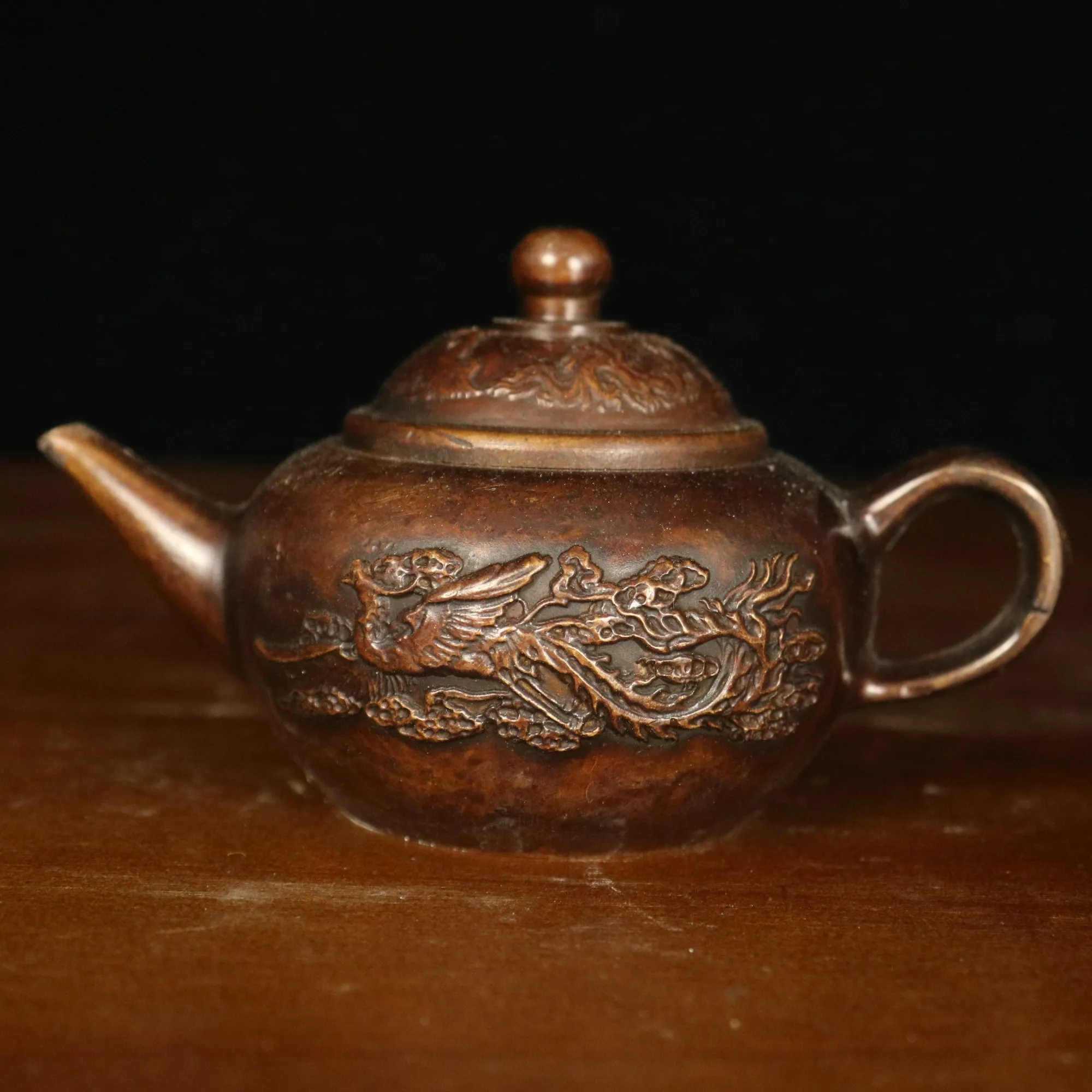 

5"Tibet Temple Collection Old Bronze Dark brown Phoenix Texture kettle flagon teapot Amass wealth Ornaments Town house
