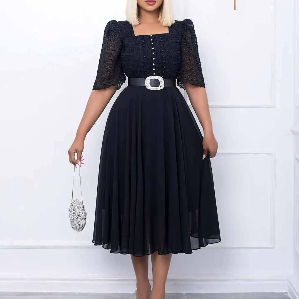Fashion Stitching Chiffon Beaded Women's Dress Square Collar Midi Dresses Solid Color Elegant Party Vestidos with Belt 2023
Fashion Stitching Chiffon Beaded Women's Dress Square Collar Midi Dresses Solid Color Elegant Party Vestidos with Belt 2023