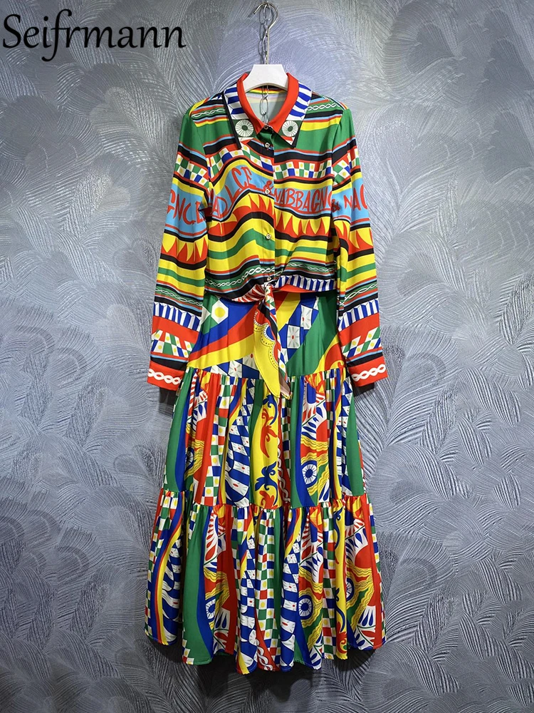

Женский Дизайнерский Костюм с юбкой Seifrmann, комплект из высококачественной разноцветной рубашки и лоскутной юбки с высокой талией, лето
