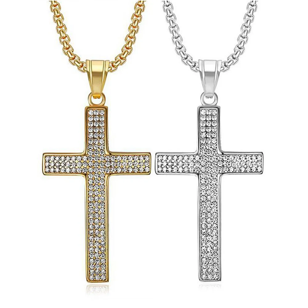 

Hiphop Iced Out Bling Jesus Cross Pendant Necklaces Gold Silver Color Stainless Steel Christian Necklace For Men Jewelry Gift