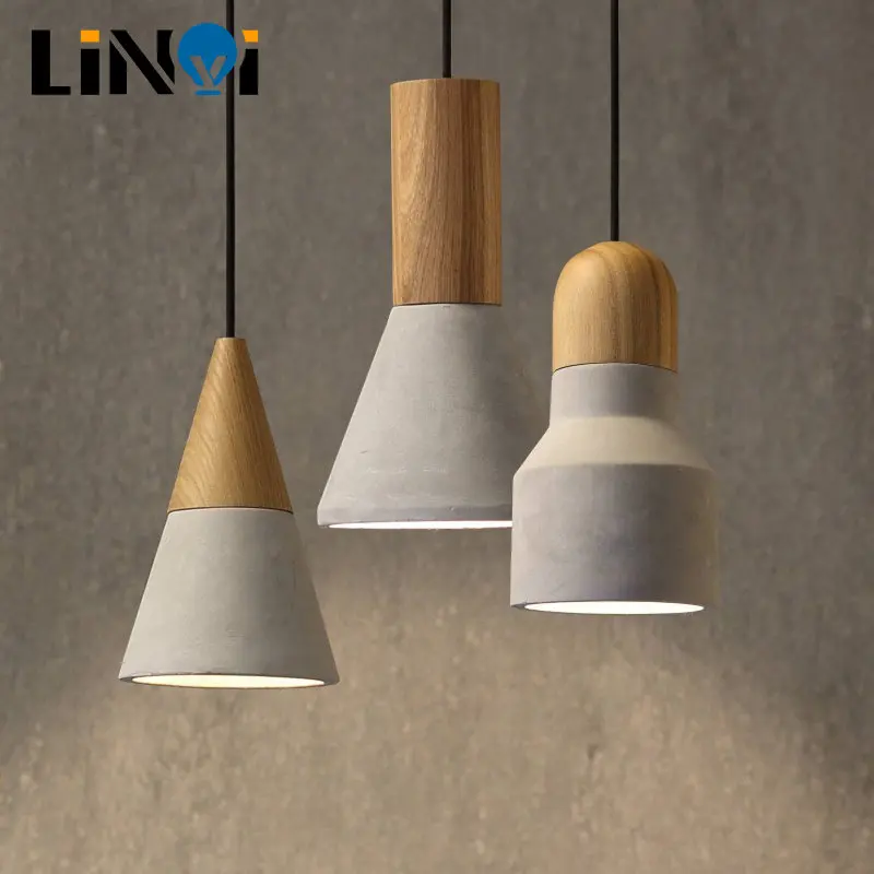 

Retro Cement Lamp Loft Industrial Lustre Droplight Design Art Studio Wood Concrete Pendant Lights Hanging with Cement Shade Grey