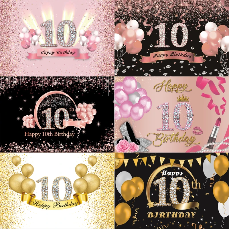 

Sweet Rose Gold 10 Photo Backdrop Girls Boy Pink Happy Birthday Party Ten Years Old Photograph Background Banner Decoration Prop