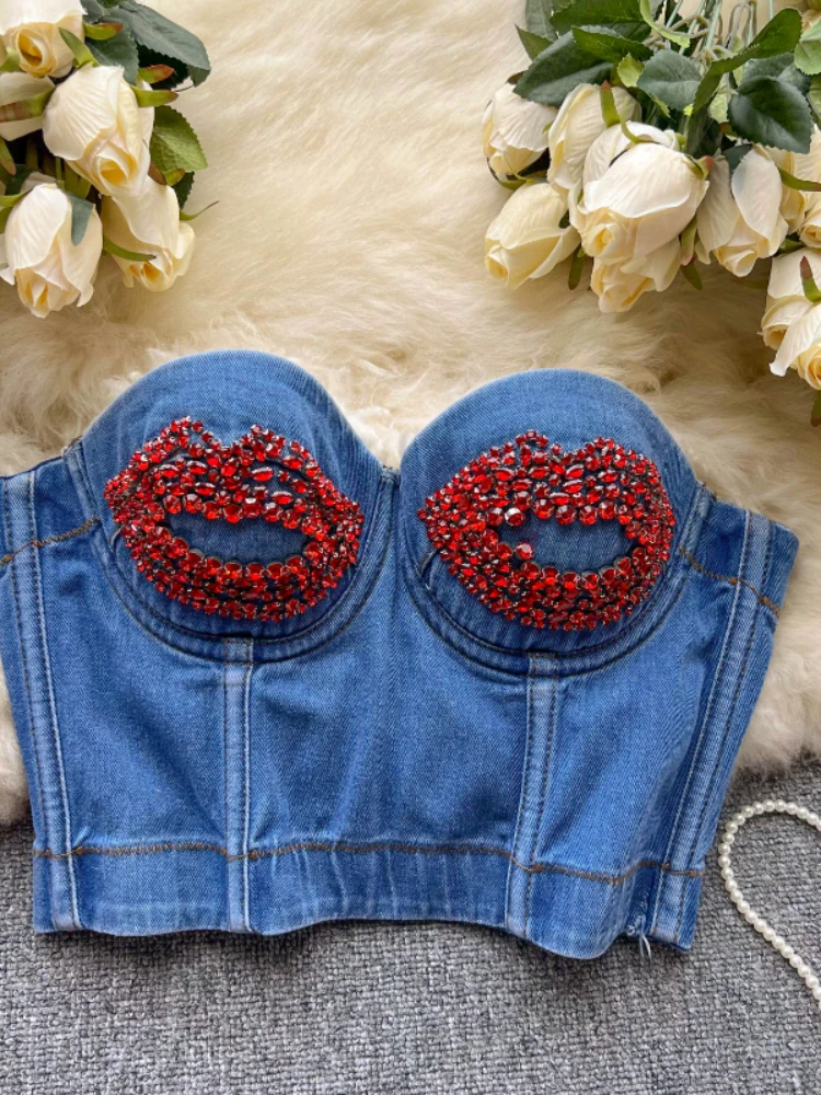 

Women's Summer Strapless Mouth Beading Red Camis Denim Splicing Chic Tank Tops Grunge Blending Slash Neck Corset With Chest Pad