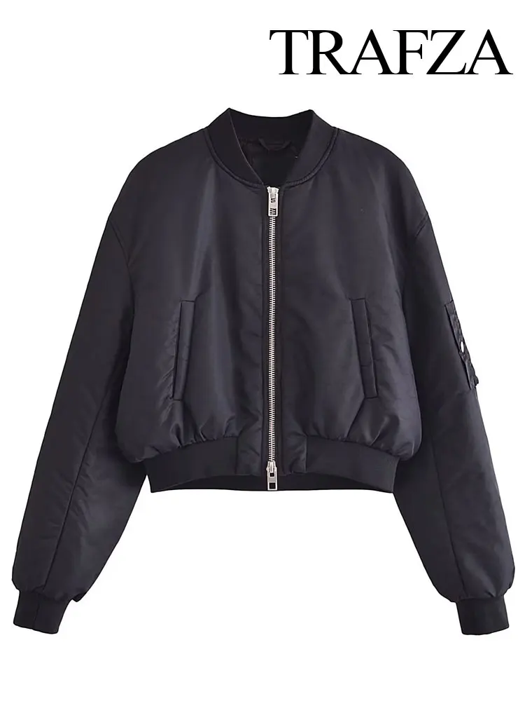 

TRAFZA Bomber Jackets For Women 2023 Trend Ribbing Hem Short Coat Female With Pockets Keep Warm Chic And Elegant Women's Jacket