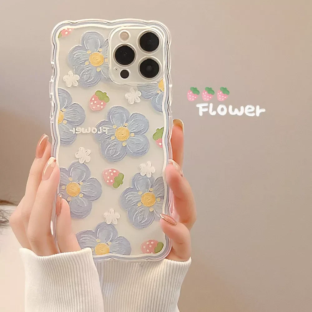 

wavy blue flower Strawberry cute silicone soft back case for iphone x xr 7 8 plus 13 promax 11 12 mini xsmax phone capa