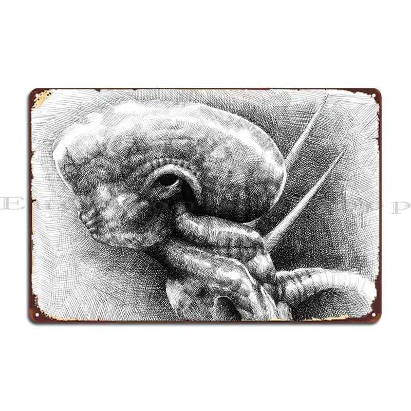 Молодой Инопланетянин, левый профиль, эскиз, металлическая табличка, фотография клуба, создание оловянного знака, плакат