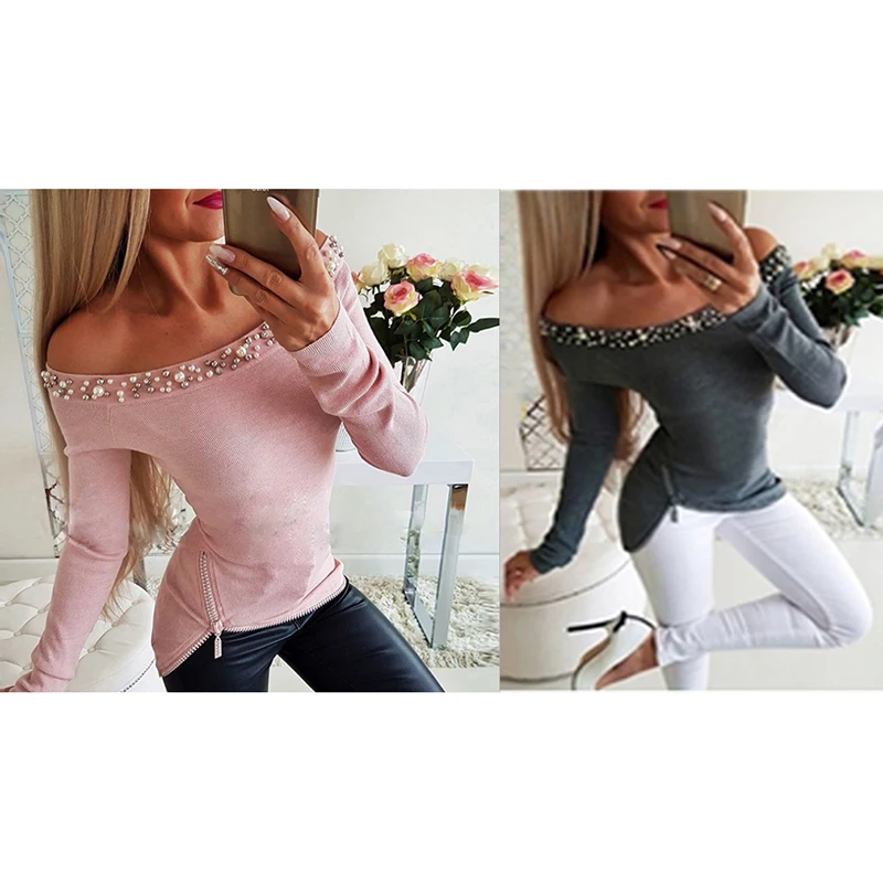 Ladies Tops Tee Shirt Sexy Slim Women T Shirt Long Sleeve Solid Color Neckline Beaded t-shirt Hem Zipper
Ladies Tops Tee Shirt Sexy Slim Women T Shirt Long Sleeve Solid Color Neckline Beaded t-shirt Hem Zipper