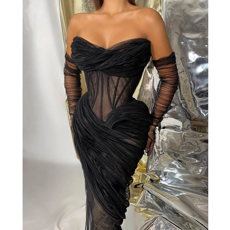 2023 Newest Black Ruffle Tulle Evening Dress with Sheer Sleeves Sheath Tea Length Formal Occasion Dresses Lace Up Party Gowns
2023 Newest Black Ruffle Tulle Evening Dress with Sheer Sleeves Sheath Tea Length Formal Occasion Dresses Lace Up Party Gowns