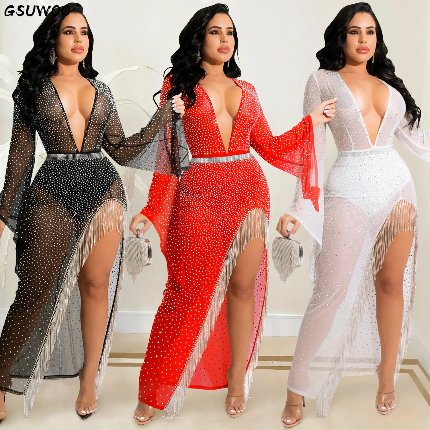 GSUWOO Women Diamonds Flare Long Sleeve Tassel Hem High Split Sheer Mesh See Though Maxi Long Dress Sexy Evening Party Dresses
GSUWOO Women Diamonds Flare Long Sleeve Tassel Hem High Split Sheer Mesh See Though Maxi Long Dress Sexy Evening Party Dresses
