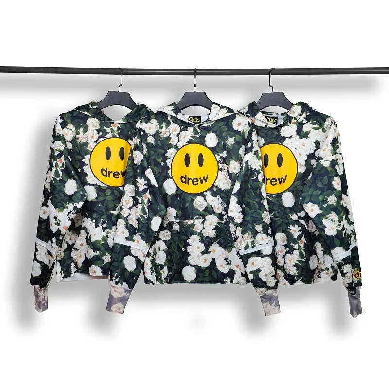 

2022 Justin Drew smiley face ice rose Bieber with the same tide brand all-match high street loose floral pullover hooded sweater