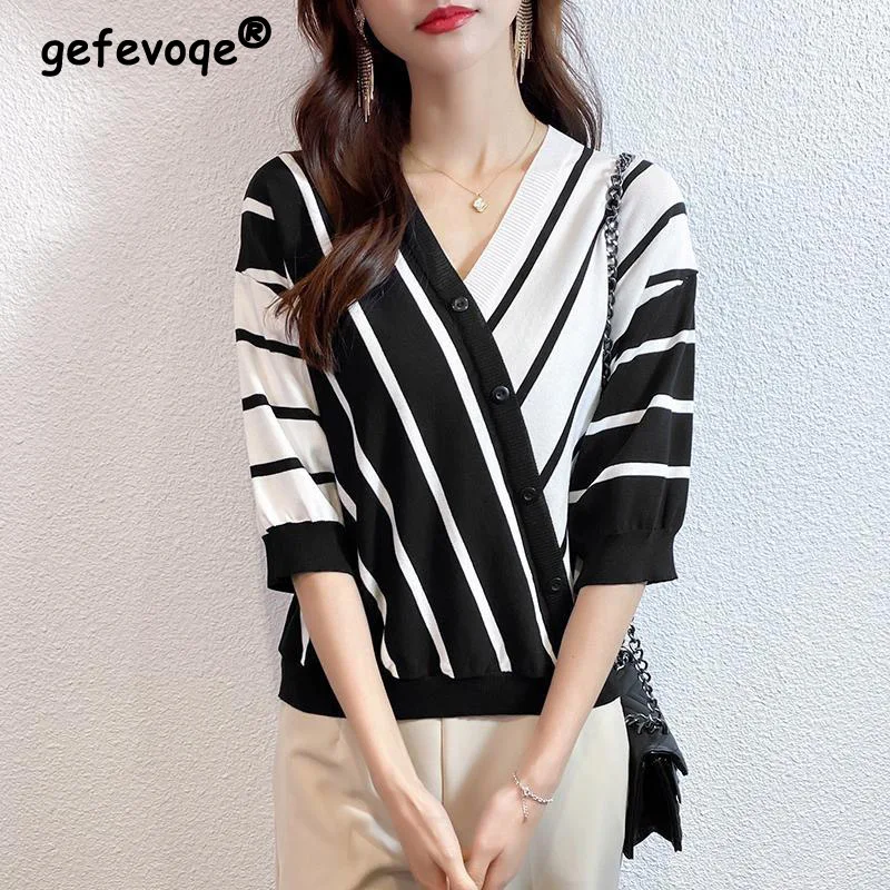 Stripe Patchwork Single Breasted Casual Shirts Fashion Spring Summer Women Clothing Comfortable Ice Silk Knitted Tops Korean Tee
Stripe Patchwork Single Breasted Casual Shirts Fashion Spring Summer Women Clothing Comfortable Ice Silk Knitted Tops Korean Tee