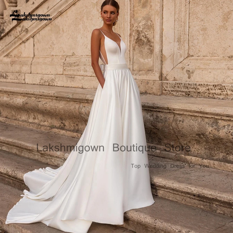 

Lakshmigown Simple White Soft Satin Wedding Dress A Line 2023 Vestiti Donna Elegant Bridal Beach Receipt Dinner Party Gowns