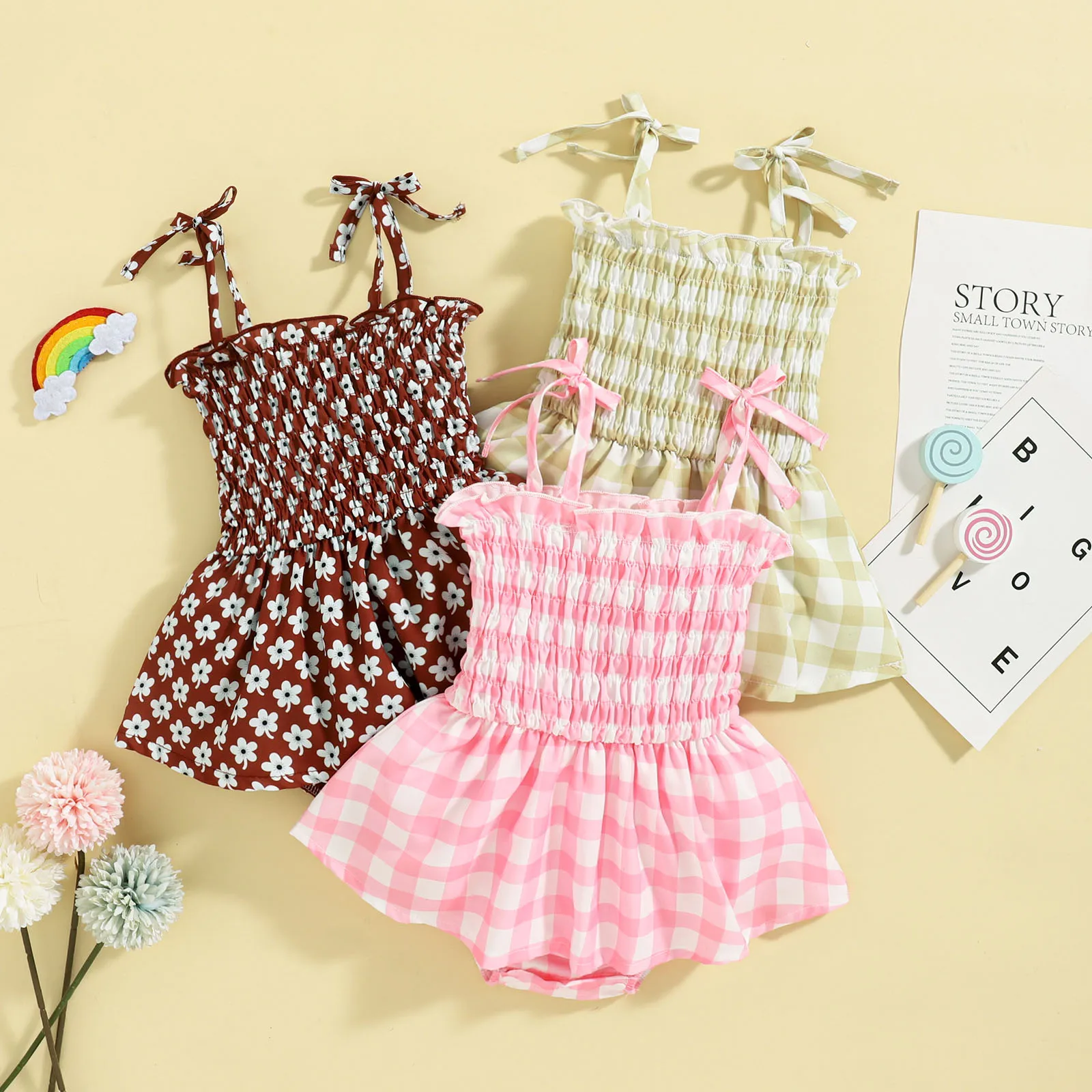 Infant Girl's Romper Dress, Spaghetti Strap Tie-Up Sleeveless Ruched Plaid Printed Summer Romper
Infant Girl's Romper Dress, Spaghetti Strap Tie-Up Sleeveless Ruched Plaid Printed Summer Romper