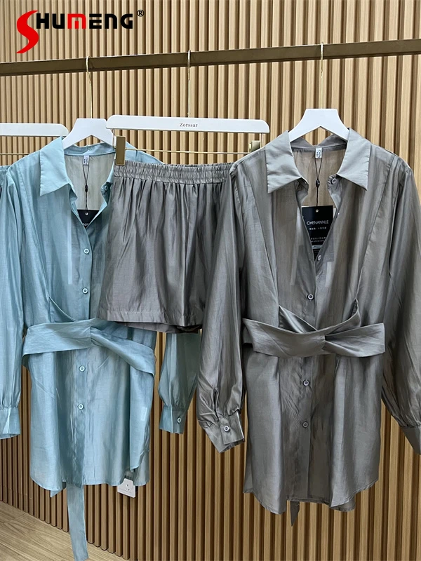 2022 New Summer Shorts 2 Piece Set Korean Lace Up Waist Long Sleeve Shirt Top Women + Elastic High Waist Shorts Two-Piece Suit
2022 New Summer Shorts 2 Piece Set Korean Lace Up Waist Long Sleeve Shirt Top Women + Elastic High Waist Shorts Two-Piece Suit