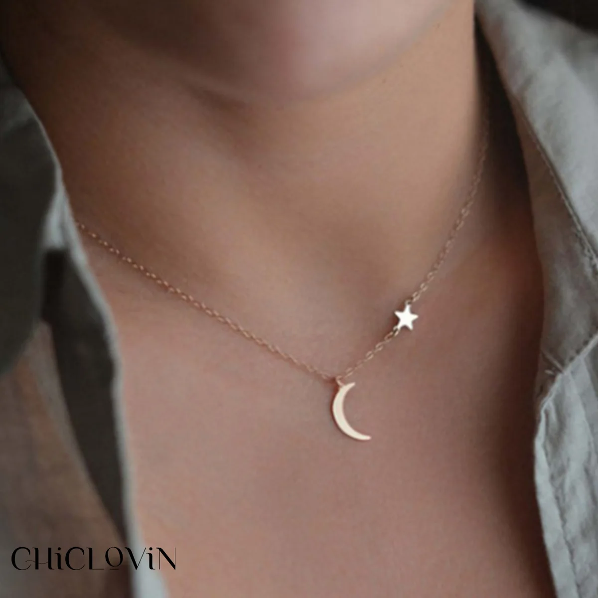 

CHICLOVIN, женское ожерелье со звездой и луной, золотой и серебряный цвет, кулон, ювелирные изделия