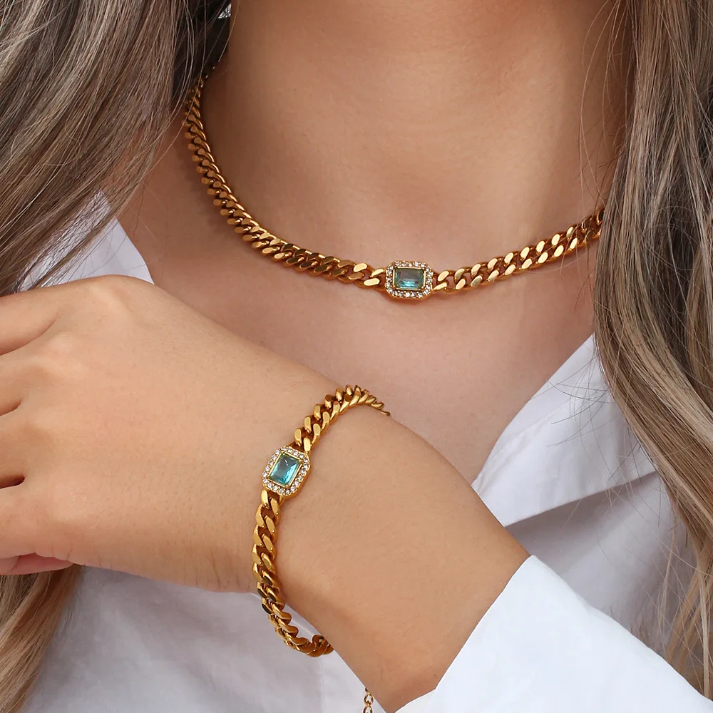 Fashion 18K Gold Plated Emerald Chunky Cuban Chain Necklace Bracelet Set For Women Zircon Stainless Steel Chokers Jewelry Gift
Fashion 18K Gold Plated Emerald Chunky Cuban Chain Necklace Bracelet Set For Women Zircon Stainless Steel Chokers Jewelry Gift