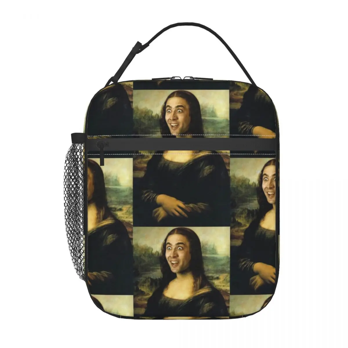 

Nicolas Cage Meme Lunch Bag with Handle Funny Mona Lisa Fancy Mesh Pocket Cooler Bag Zipper Beach Food Thermal Bag
