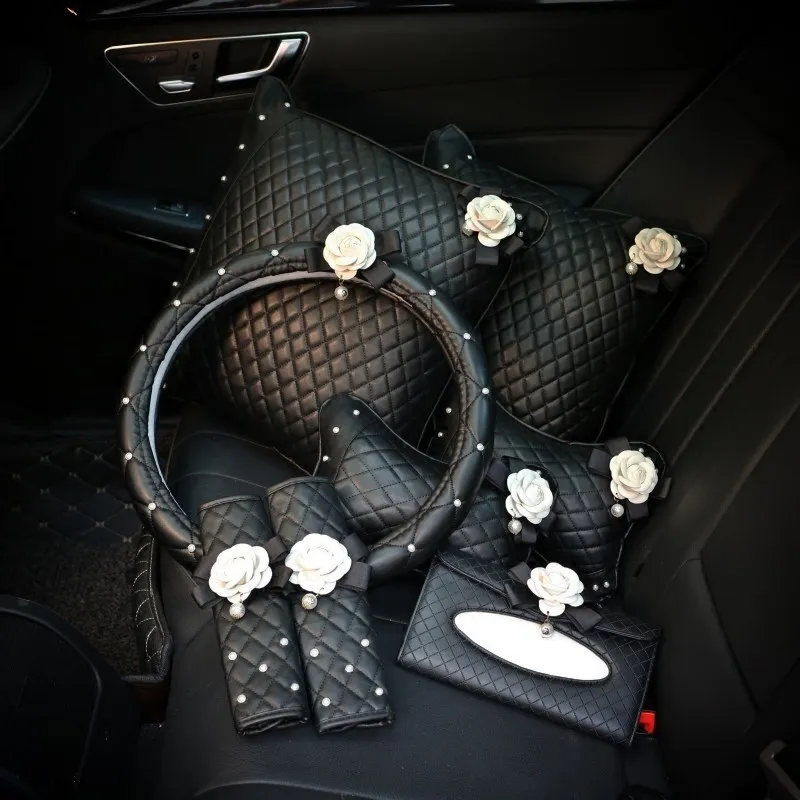 Universal PU Leather Car Steering Wheel Cover Neck Pillow Handbrake Cover Camellia with Pearl Decoration Car Accessories Set
Universal PU Leather Car Steering Wheel Cover Neck Pillow Handbrake Cover Camellia with Pearl Decoration Car Accessories Set