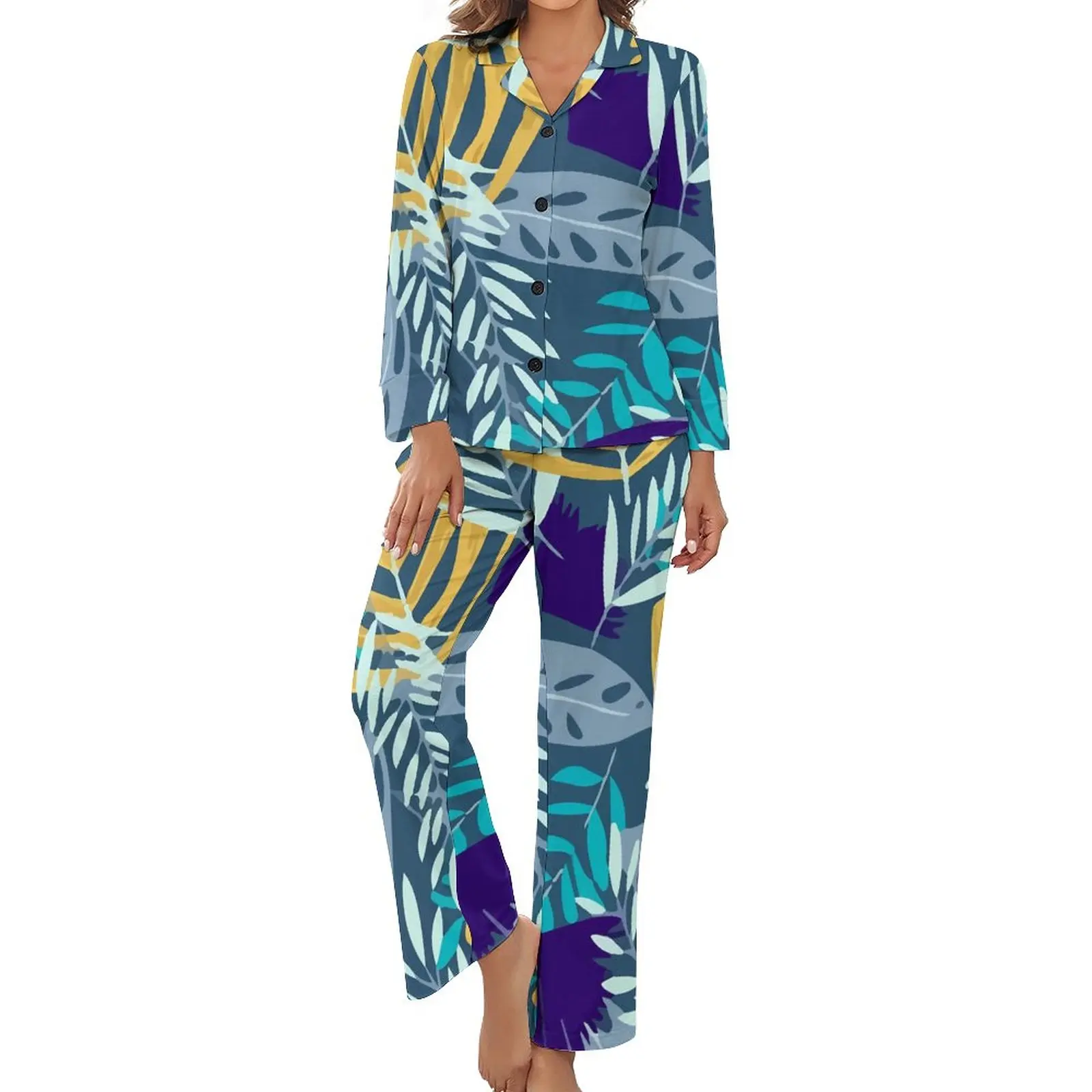 Tropical Plants Pajamas Colorful Leaves Print Casual V Neck Sleepwear Women 2 Pieces Design Long-Sleeve Soft Pajamas Set
Tropical Plants Pajamas Colorful Leaves Print Casual V Neck Sleepwear Women 2 Pieces Design Long-Sleeve Soft Pajamas Set