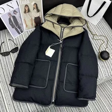 Vintage color contrast fake two stand collar hooded down jacket womens new winter fashion all-in-one thick warm down coat