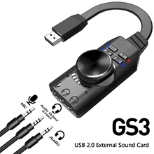 GS3 USB2.0 External Sound Card Virtual 7.1 Channel Sound Card Adapter Plug and Play w/ Headphone Microphone Jacks Volume Control
