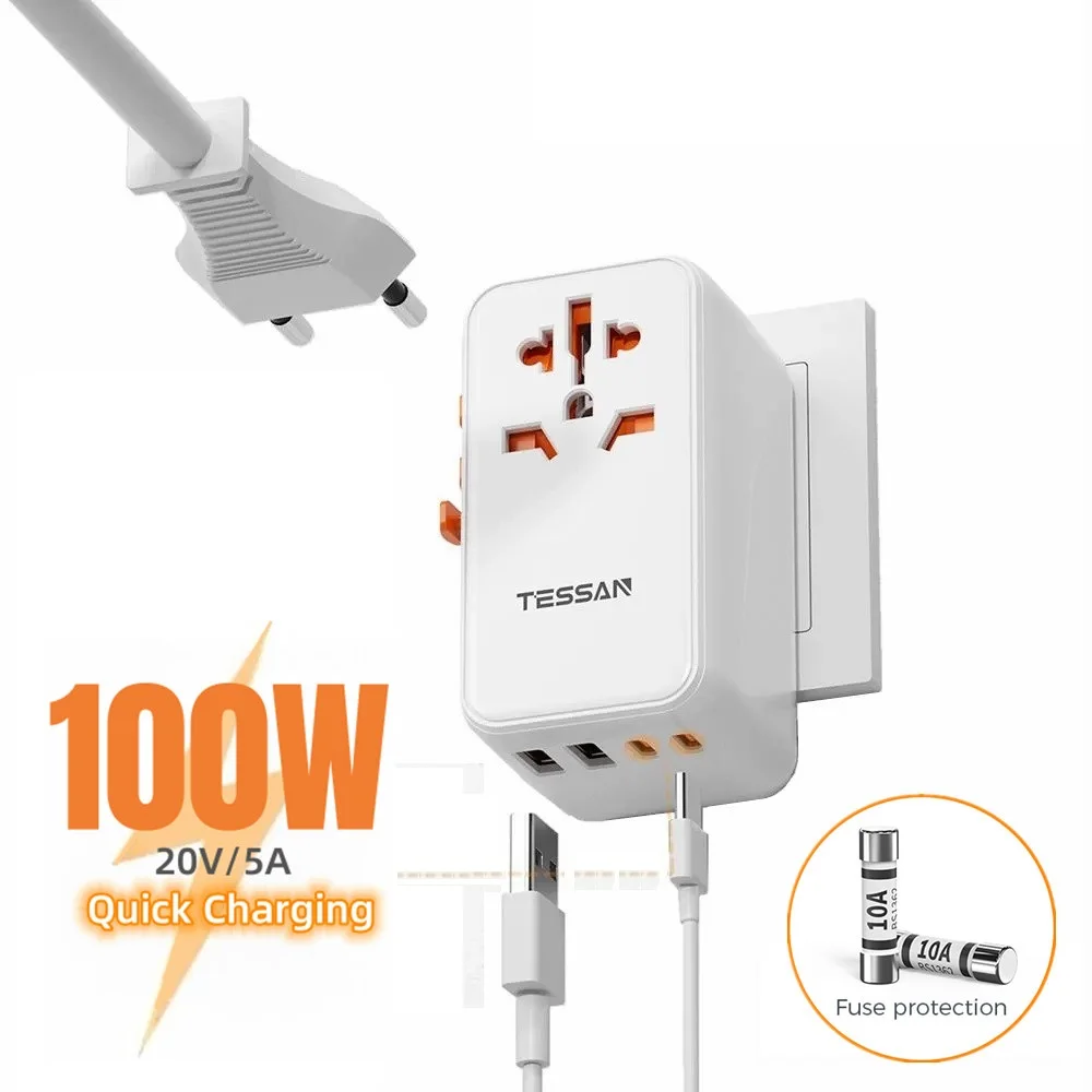 TESSAN 65W/100W Universal Travel Adapter Worldwide with USB Ports Type C Fast Charging Wall Plug Power Adapter for EU/UK/USA/AUS
TESSAN 65W/100W Universal Travel Adapter Worldwide with USB Ports Type C Fast Charging Wall Plug Power Adapter for EU/UK/USA/AUS