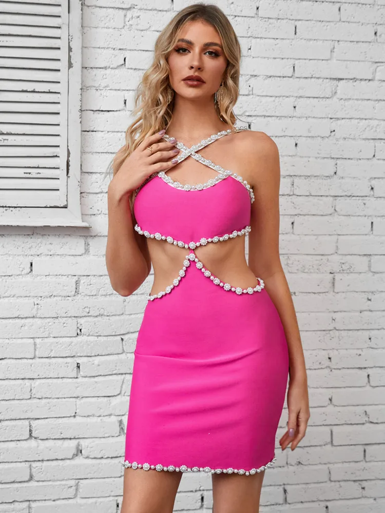 

2023 Summer Designer Fashion Women Party Dress Sexy Pearl Crisscross Rose Bandage Bodycon Mini Dresses Evening Club Celebrity