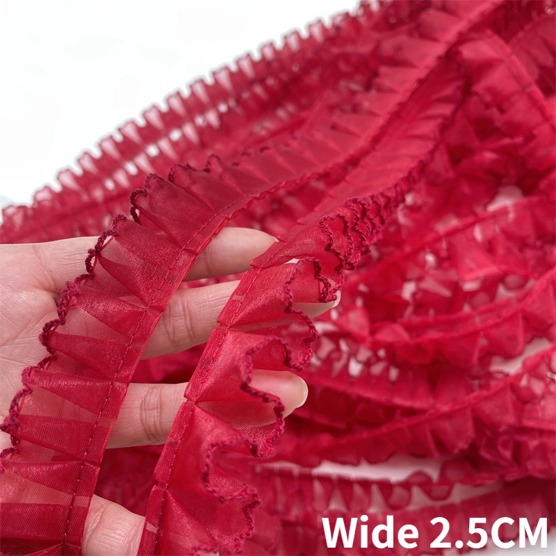 

2.5CM Wide Tulle Yarn Wine Red 3d Pleated Lace Fabric Fringed Frilled Ribbon Dolls Dress Guipure Collar Cuffs Trim Sewing Crafts