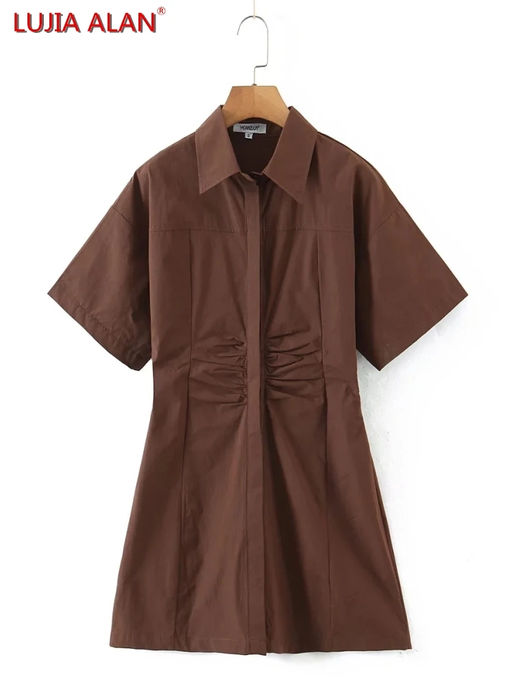 Women Solid Poplin Pleated Slim Shirt Dress Summer Female Turndown Collar Short Sleeve Mini Vestidos LUJIA ALAN D9713
Women Solid Poplin Pleated Slim Shirt Dress Summer Female Turndown Collar Short Sleeve Mini Vestidos LUJIA ALAN D9713