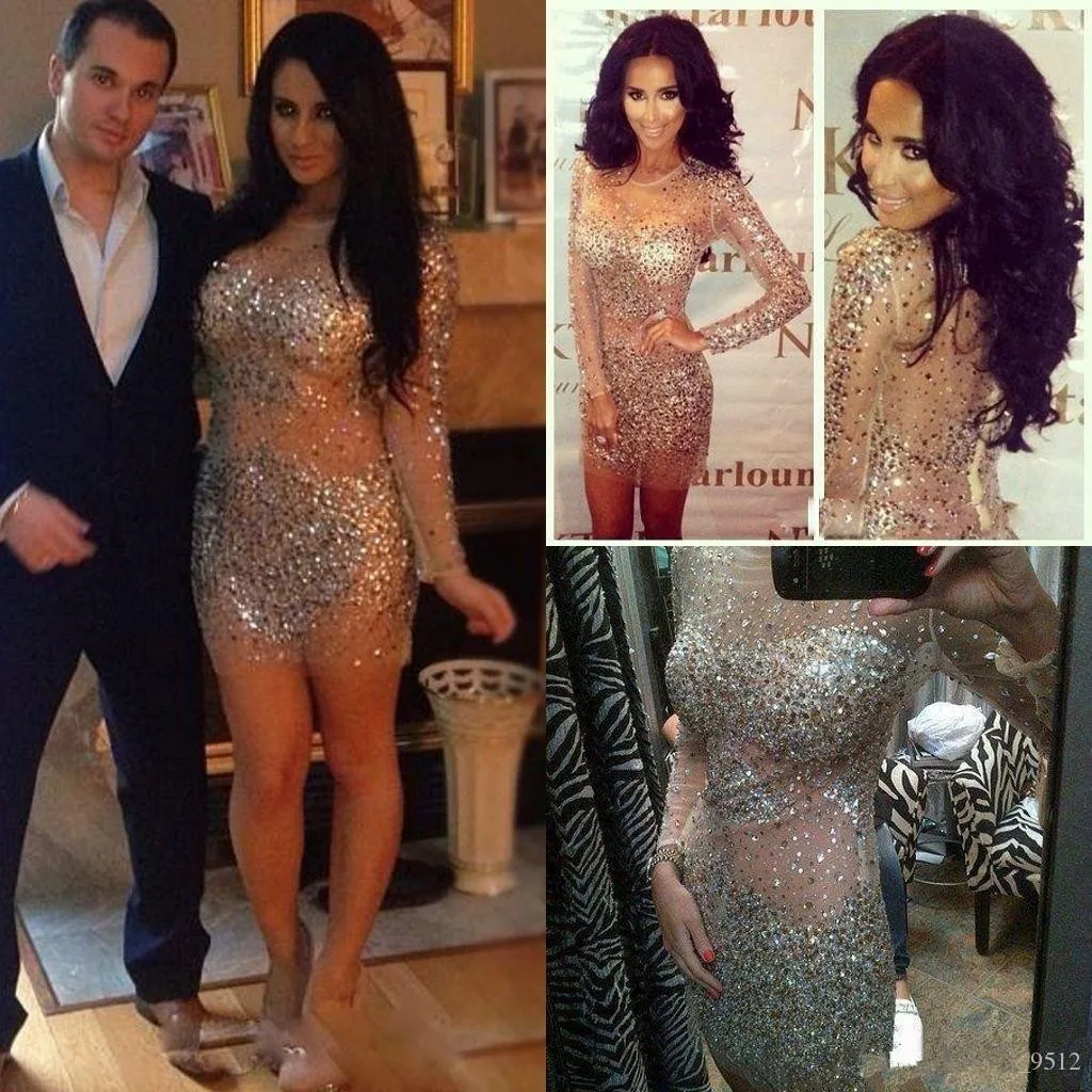 New Sexy Crystals Cocktail Dresses With Long Sleeves See Thourgh Sheer Neck Bling Rhinestones Sheath Short Prom Evening Gowns
New Sexy Crystals Cocktail Dresses With Long Sleeves See Thourgh Sheer Neck Bling Rhinestones Sheath Short Prom Evening Gowns