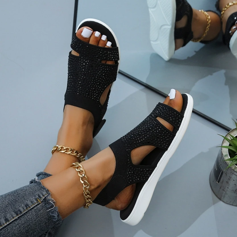 Сандалии женские ортопедические стрейчевые, босоножки с кристаллами, плоская подошва, открытый носок, пляжная обувь, повседневные, лето 2022 
Сандалии женские ортопедические стрейчевые, босоножки с кристаллами, плоская подошва, открытый носок, пляжная обувь, повседневные, лето 2022