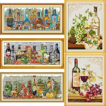 Wine and Bottle Collection Printed Cross Stitch Kits 14CT 11CT Count Canvas Fabric Needlework Embroidery DIY Home Kitchen Decor