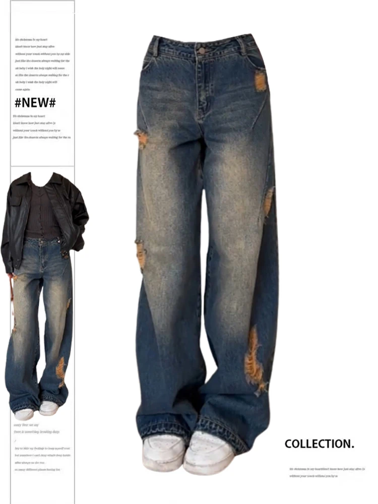 

Женские Мешковатые Синие рваные джинсы, винтажные джинсовые брюки оверсайз Y2k 90s, широкие ковбойские брюки в стиле Харадзюку с высокой талией, одежда в стиле 1920-х