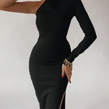 Long Elegant Dresses for Women Summer One Shoulder Maxi Dress Bodycon Sexy Black Slit Fomal Wedding Evening Party Dress 2022