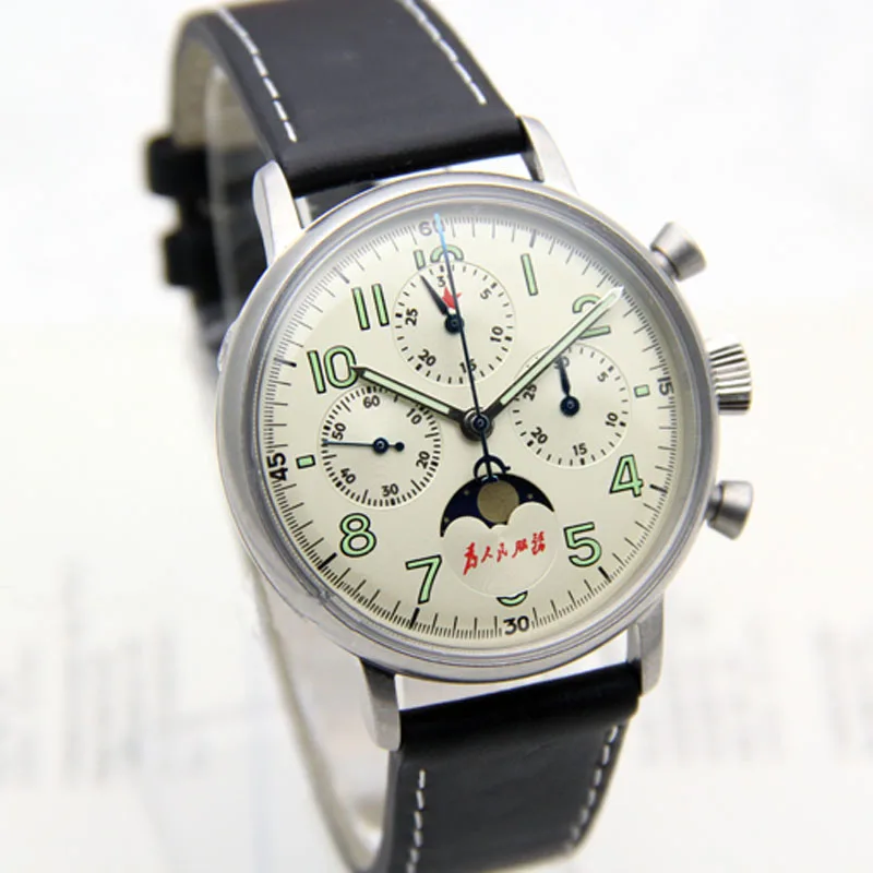 

Red STAR Moonphase Chronograph 1963 Men Calendar Seagull ST1908 Movement Sports Pilot Mechanical Watches Luminous Multi-function