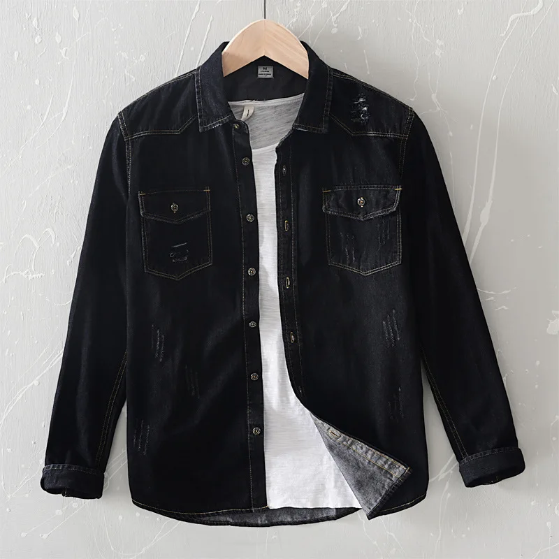 2022 Spring New Men's Black Denim Shirt Classic Style Business Casual Loose Vintage Ripped Jean Jacket Male Brand Cotton Shirts
2022 Spring New Men's Black Denim Shirt Classic Style Business Casual Loose Vintage Ripped Jean Jacket Male Brand Cotton Shirts