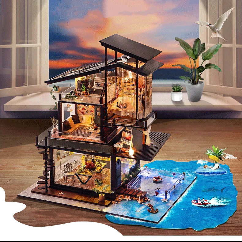 DIY Dollhouse LED light Sea View Room Villa Wooden miniature doll house With Furniture Kit building block home decor kids gift 
DIY Dollhouse LED light Sea View Room Villa Wooden miniature doll house With Furniture Kit building block home decor kids gift