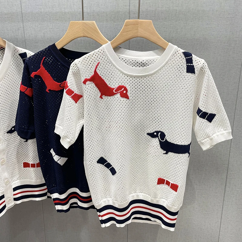 TB new cartoon jacquard puppy pattern hollow short-sleeved knitted T-shirt ladies round neck knitted sweater top women
TB new cartoon jacquard puppy pattern hollow short-sleeved knitted T-shirt ladies round neck knitted sweater top women